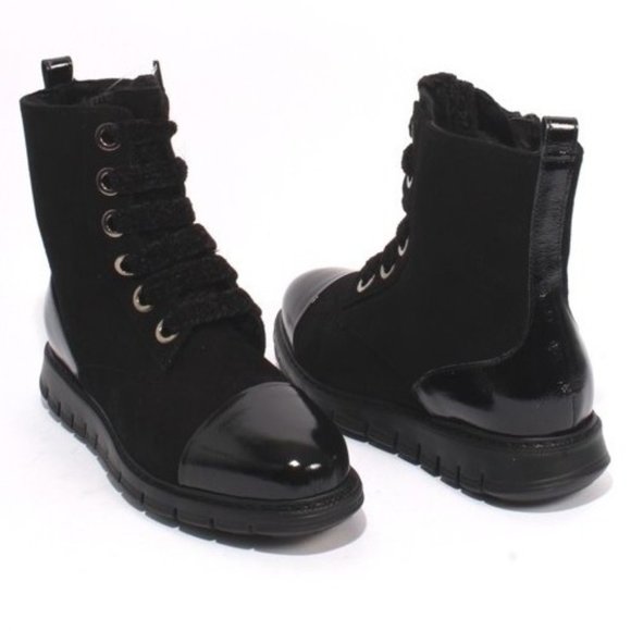 ITALIAN Black Suede Patent Leather Fur Ankle Boots - Picture 2 of 9